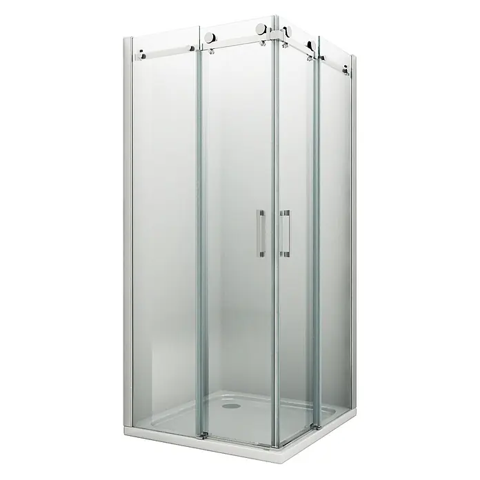 Glasdeals Eckdusche TELA 80 x 90 x 195 cm - 90 x 80 x 195 cm, Beschichtet, Chrom, Stärke: 8 mm - Eckduschkabine mit Klarglaswänden, Chrom-Schiebetüren und weißer Duschwanne.