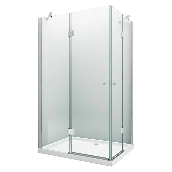 Glasdeals Eckdusche CORNO 100 x 90 x 195 cm - 90 x 100 x 195 cm, Beschichtet, Chrom, Stärke: 8 mm - Moderne Eckduschkabine mit klaren Glaspaneelen, silbernen Rahmen und weißer Duschwanne.