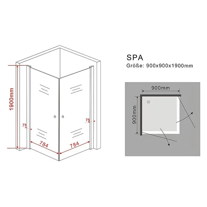 Glasdeals Eckdusche SPA 90 x 90 x 190 cm - 90 x 90 x 190 cm, Beschichtet, Chrom, Stärke: 8 mm - Eckduschkabine mit Glastüren, Maße 900x900x1900mm, mit nach außen öffnenden Türen dargestellt.