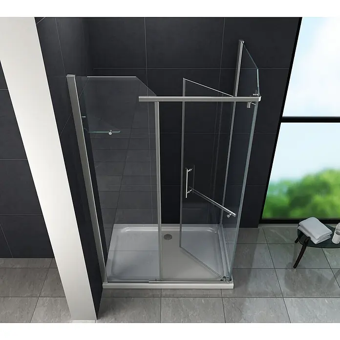 Glasdeals Eckdusche VITA 120 x 90 x 195 cm - 90 x 120 x 195 cm, Beschichtet, Chrom, Stärke: 8 mm - Eck-Duschkabine mit Klarglasscheiben, silbernem Rahmen und weißer Duschwanne, eine Tür leicht geöffnet.