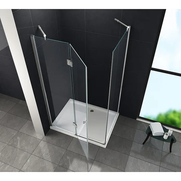 Glasdeals Eckdusche NOVUM 100 x 80 x 195 cm - 80 x 100 x 195 cm, Beschichtet, Chrom, Stärke: 8 mm - Moderne Duschkabine aus Klarglas mit Chrombeschlägen und weißer Duschwanne, in einem Badezimmer installiert.