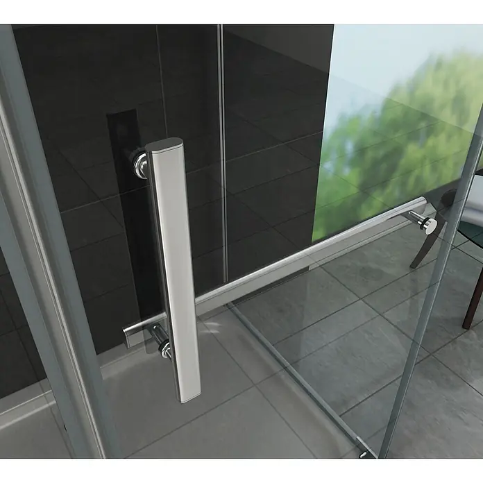Glasdeals Eckdusche VITA 120 x 90 x 195 cm - 90 x 120 x 195 cm, Beschichtet, Chrom, Stärke: 8 mm - Moderne Glasduschtür mit elegantem, poliertem Metallgriff in einem Badezimmer.
