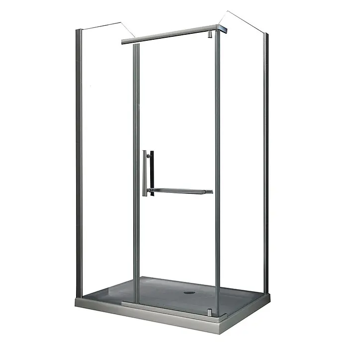 Glasdeals Eckdusche VITA 120 x 90 x 195 cm - 90 x 120 x 195 cm, Beschichtet, Chrom, Stärke: 8 mm - Rechteckige Glasduschkabine mit silbernem Metallrahmen, Türgriff und Handtuchhalter, auf einer grauen Duschwanne.