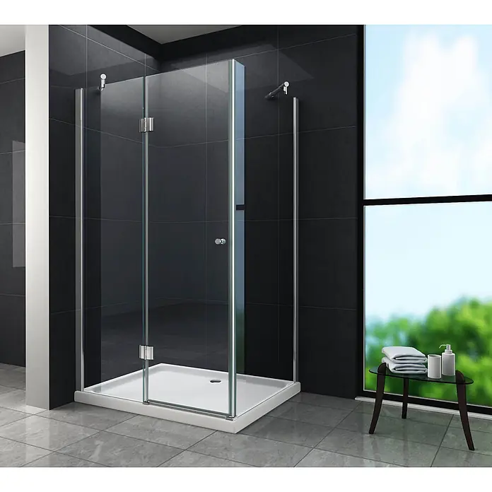 Glasdeals Eckdusche NOVUM 100 x 80 x 195 cm - 80 x 100 x 195 cm, Beschichtet, Chrom, Stärke: 8 mm - Moderne Glasduschkabine mit Chrombeschlägen und weißer Duschwanne in einem Badezimmer.