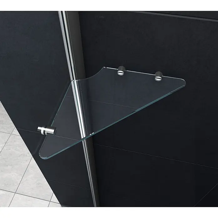 Glasdeals Eckdusche VITA 120 x 90 x 195 cm - 90 x 120 x 195 cm, Beschichtet, Chrom, Stärke: 8 mm - Klarglas Eckduschablage mit Chrombefestigungen in einer Dusche montiert.