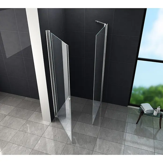 Glasdeals Eckdusche SPA-FIX 80 x 80 x 190 cm - 80 x 80 x 190 cm, Beschichtet, Chrom, Stärke: 8 mm - Moderne begehbare Dusche mit klaren Glaswänden und minimalistischen Metallprofilen in einem gefliesten Bad.