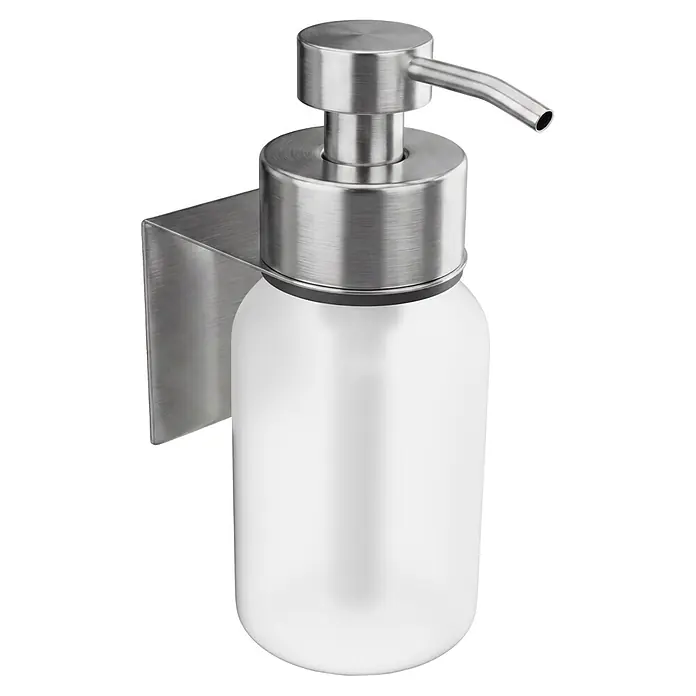 Camargue Antwerpen Seifenspender - Edelstahl, Edelstahl, Für die Wand - Wandmontierter Seifenspender mit Oberteil und Halterung aus gebürstetem Edelstahl, sowie einer gefrosteten weißen Flasche.