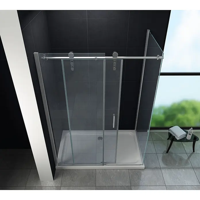 Glasdeals Eckdusche LARGOS 150 x 90 x 195 cm - 90 x 150 x 195 cm, Beschichtet, Chrom, Stärke: 8 mm - Klare Glasschiebetür-Duschkabine mit weißer Duschwanne in modernem Badezimmer.