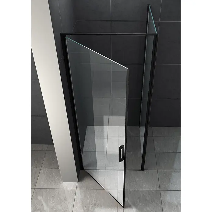 Glasdeals Eckdusche CASSETTA (schwarz) 80 x 80 x 195 cm - 80 x 80 x 195 cm, Beschichtet, Chrom, Stärke: 8 mm - Schwarz gerahmte Glas-Duschkabine mit Drehtür in einem modern gefliesten Badezimmer.