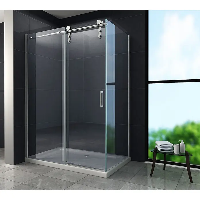 Glasdeals Eckdusche LARGOS 150 x 90 x 195 cm - 90 x 150 x 195 cm, Beschichtet, Chrom, Stärke: 8 mm - Moderne Glasduschkabine mit Schiebetür, Chrombeschlägen und weißer Wanne in einem zeitgenössischen Badezimmer.