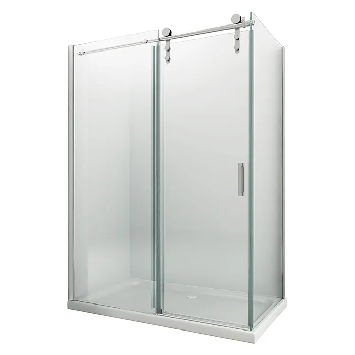 Glasdeals Eckdusche LARGOS 150 x 90 x 195 cm - 90 x 150 x 195 cm, Beschichtet, Chrom, Stärke: 8 mm - Klare Glas-Schiebedusche mit Chrombeschlägen und weißer Duschwanne.