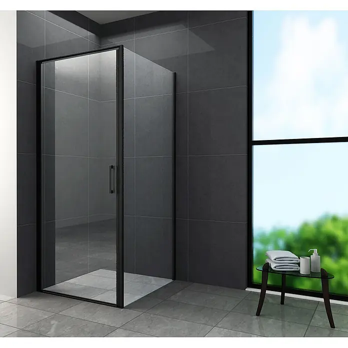 Glasdeals Eckdusche CASSETTA (schwarz) 80 x 80 x 195 cm - 80 x 80 x 195 cm, Beschichtet, Chrom, Stärke: 8 mm - Schwarz gerahmte Duschkabine aus Klarglas in einem modernen Badezimmer.