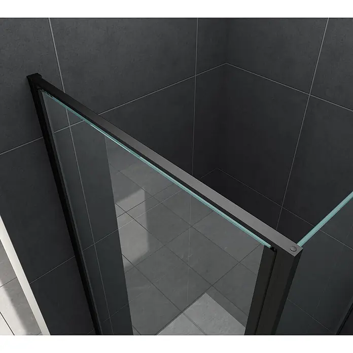 Glasdeals Eckdusche CASSETTA (schwarz) 80 x 80 x 195 cm - 80 x 80 x 195 cm, Beschichtet, Chrom, Stärke: 8 mm - Schwarz gerahmte Eckduschkabine mit Klarglasscheiben in einem modernen, dunkelgrau gefliesten Badezimmer.