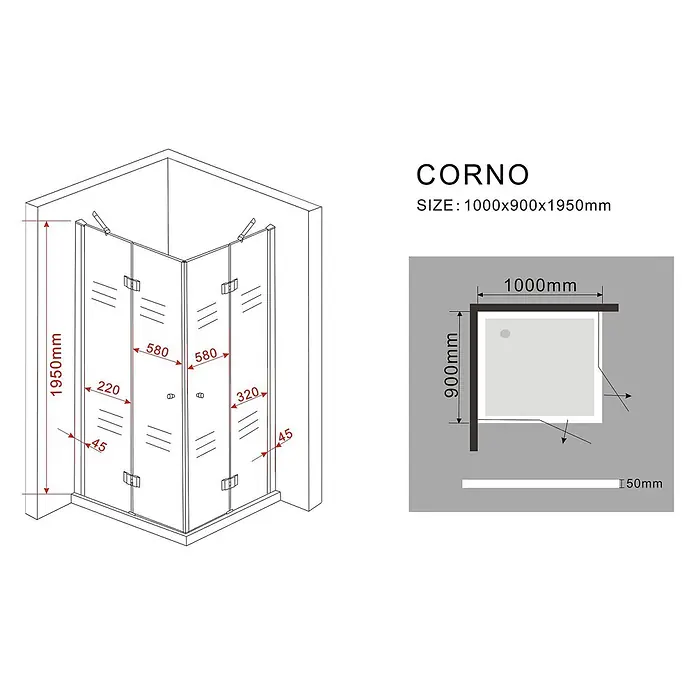 Glasdeals Eckdusche CORNO 100 x 90 x 195 cm - 90 x 100 x 195 cm, Beschichtet, Chrom, Stärke: 8 mm - Eck-Duschkabine, 1000x900x1950mm, mit Klarglas und Chromprofilen, mit doppelten Schiebetüren.