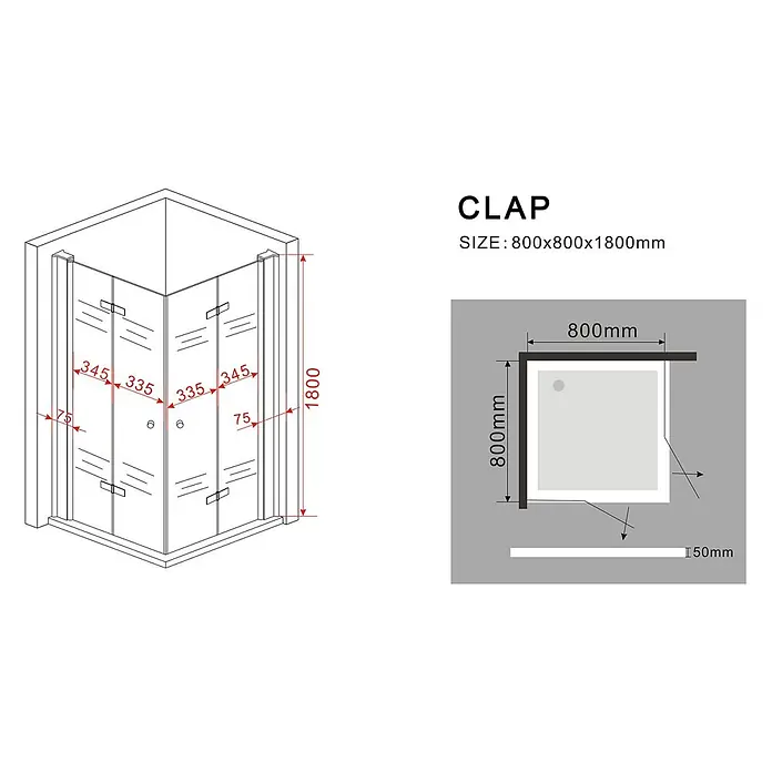 Glasdeals Eckdusche CLAP 80 x 80 x 180 cm - 80 x 80 x 180 cm, Beschichtet, Chrom, Stärke: 8 mm - Eckduschkabine mit klaren Glas-Falttüren und chromfarbenen Rahmen, 800x800x1800mm.