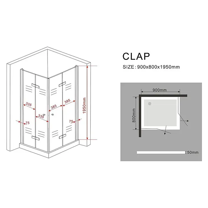 Glasdeals Eckdusche CLAP 80 x 90 x 195 cm - 90 x 80 x 195 cm, Beschichtet, Chrom, Stärke: 8 mm - Eckduschkabine aus Klarglas, 900x800x1950mm, mit Falttüren und 50mm hoher Duschwanne.