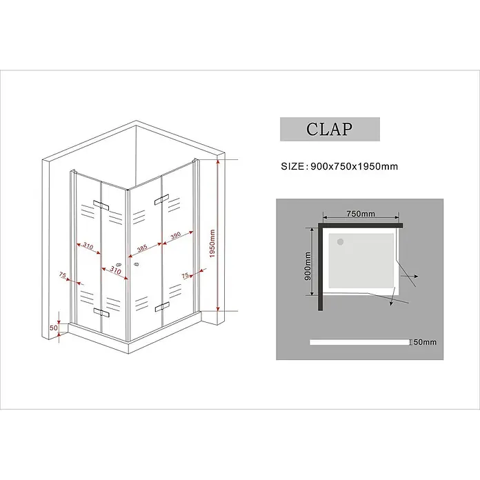 Glasdeals Eckdusche CLAP 90 x 75 x 195 cm - 75 x 90 x 195 cm, Beschichtet, Chrom, Stärke: 8 mm - Glas-Eckduschkabine mit Falttüren, 900x750x1950mm, 50mm Duschwanne.