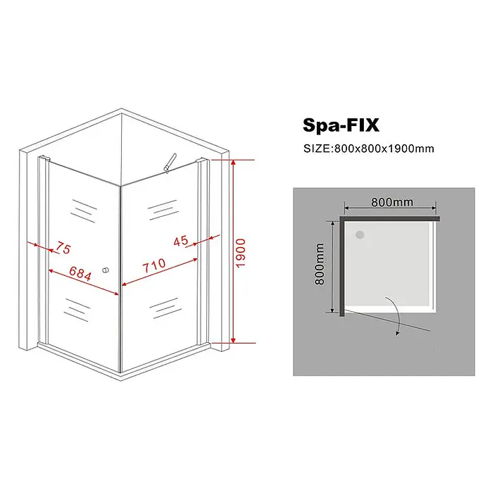 Glasdeals Eckdusche SPA-FIX 80 x 80 x 190 cm - 80 x 80 x 190 cm, Beschichtet, Chrom, Stärke: 8 mm - Spa-FIX quadratische Glasdusche, 800x800x1900mm, mit Drehtüren. Technische Zeichnung.