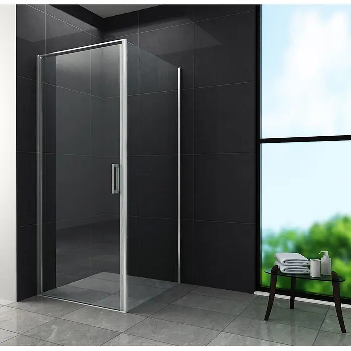 Glasdeals Eckdusche CASSETTA (chrom) 80 x 80 x 195 cm - 80 x 80 x 195 cm, Beschichtet, Chrom, Stärke: 8 mm - Eckduschkabine mit Klarglas und silberfarbenem Rahmen, in einem modernen Bad mit dunklen Fliesenwänden installiert.