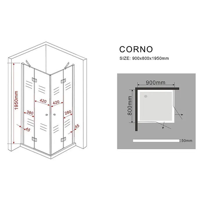 Glasdeals Eckdusche CORNO 80 x 90 x 195 cm - 90 x 80 x 195 cm, Beschichtet, Chrom, Stärke: 8 mm - Eckduschkabine aus Klarglas mit Metallrahmen, Maße 900x800x1950mm.