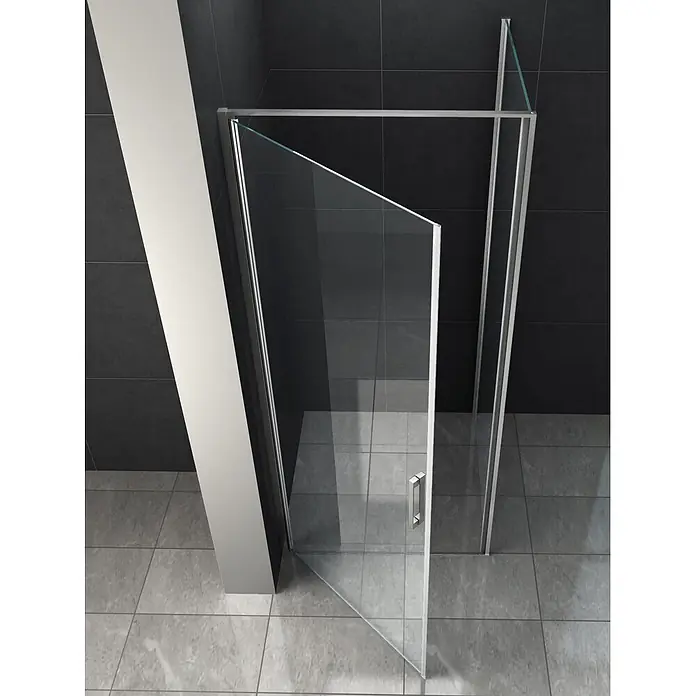 Glasdeals Eckdusche CASSETTA (chrom) 80 x 80 x 195 cm - 80 x 80 x 195 cm, Beschichtet, Chrom, Stärke: 8 mm - Moderne Glasduschkabine mit silbernen Rahmen und offener Tür im Badezimmer.