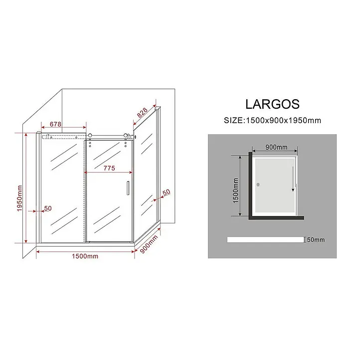 Glasdeals Eckdusche LARGOS 150 x 90 x 195 cm - 90 x 150 x 195 cm, Beschichtet, Chrom, Stärke: 8 mm - Technische Zeichnung einer Glasschiebetür-Duschkabine, 1500x900x1950mm.