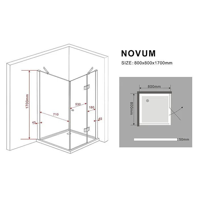 Glasdeals Eckdusche NOVUM 80 x 80 x 170 cm - 80 x 80 x 170 cm, Beschichtet, Chrom, Stärke: 8 mm - NOVUM Duschkabine 800x800x1700mm mit Klarglasscheiben und Metallrahmen.