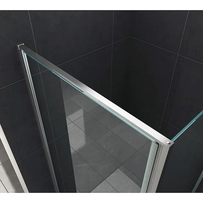 Glasdeals Eckdusche CASSETTA (chrom) 80 x 80 x 195 cm - 80 x 80 x 195 cm, Beschichtet, Chrom, Stärke: 8 mm - Moderne Eckduschkabine mit Klarglaspaneelen und schlanken silbernen Aluminiumprofilen vor dunklen Fliesenwänden und -boden.