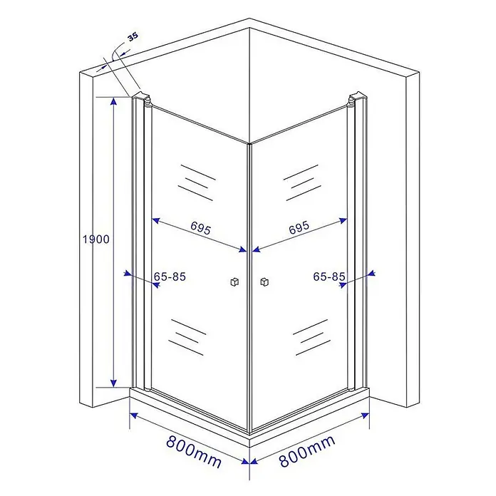 Glasdeals Eckdusche DETO 80 x 80 x 190 cm - 80 x 80 x 190 cm, Beschichtet, Chrom, Stärke: 8 mm - Eckduschkabine mit klaren Glastüren, 1900mm hoch, 800x800mm Basis. Wandprofile 65-85mm einstellbar.