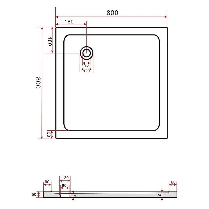 Glasdeals Eckdusche NOVUM 80 x 80 x 170 cm - 80 x 80 x 170 cm, Beschichtet, Chrom, Stärke: 8 mm - Technisches Diagramm einer 800x800mm quadratischen Duschwanne mit 90mm Ablauf, 180mm von oben/links, und 50mm Höhe.