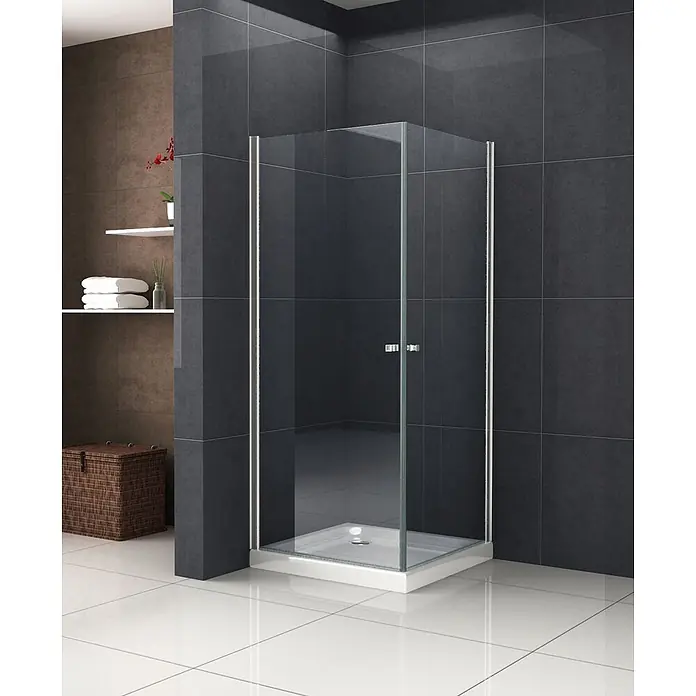 Glasdeals Eckdusche DETO 80 x 80 x 190 cm - 80 x 80 x 190 cm, Beschichtet, Chrom, Stärke: 8 mm - Eckduschkabine mit klarem Glas, Chromprofilen und weißer Duschwanne in einem modernen Badezimmer.