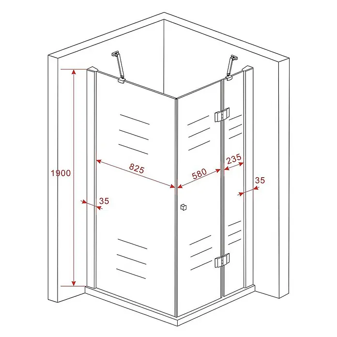 Glasdeals Eckdusche RECREO 90 x 90 x 190 cm - 90 x 90 x 190 cm, Beschichtet, Chrom, Stärke: 6 mm - Eckduschkabine aus Klarglas mit Metallprofilen, technische Zeichnung mit Einbaumaßen.
