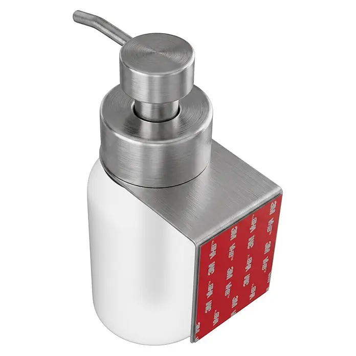 Camargue Antwerpen Seifenspender - Edelstahl, Edelstahl, Für die Wand - Wandmontierter Seifenspender mit gebürstetem Metallpumpkopf/Halterung und weißer Flasche, mit rotem 3M VHB Klebeband.