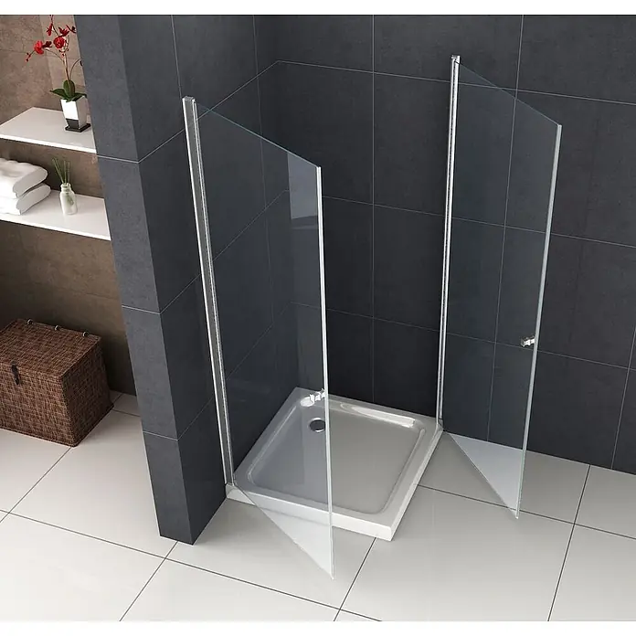 Glasdeals Eckdusche DETO 80 x 80 x 190 cm - 80 x 80 x 190 cm, Beschichtet, Chrom, Stärke: 8 mm - Eine moderne Eckduschkabine mit klaren Glaspaneelen und einer weißen Duschwanne.