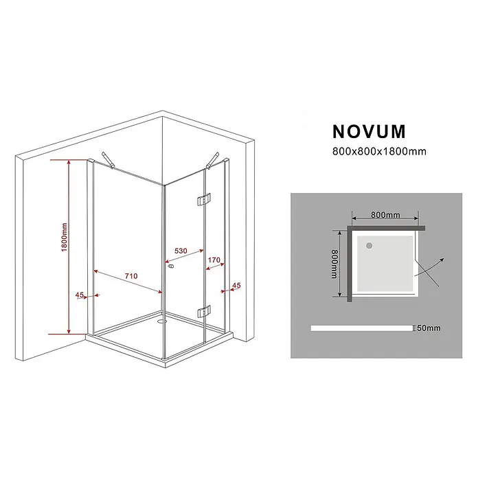 Glasdeals Eckdusche NOVUM 80 x 80 x 180 cm - 80 x 80 x 180 cm, Beschichtet, Chrom, Stärke: 8 mm - NOVUM 800x800x1800mm Eckduschkabine aus Glas mit Drehtür.