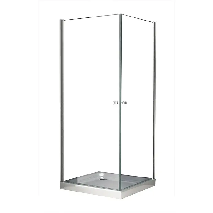 Glasdeals Eckdusche DETO 80 x 80 x 190 cm - 80 x 80 x 190 cm, Beschichtet, Chrom, Stärke: 8 mm - Quadratische Duschkabine mit Klarglaspaneelen, silbernen Profilen und einer weißen Duschwanne.