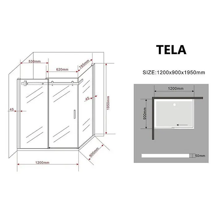 Glasdeals Eckdusche TELA 120 x 90 x 195 cm - 90 x 120 x 195 cm, Beschichtet, Chrom, Stärke: 8 mm - Eckduschkabine mit Schiebetür, Maße 1200x900x1950mm.
