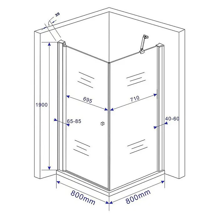 Glasdeals Eckdusche DETO-FIX 80 x 80 x 190 cm - 80 x 80 x 190 cm, Beschichtet, Chrom, Stärke: 8 mm - Technische Zeichnung einer Eckduschkabine mit transparenten Glaspaneelen und Metallprofilen, 800x800x1900mm.