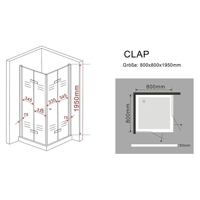 Glasdeals Eckdusche CLAP 80 x 80 x 195 cm - 80 x 80 x 195 cm, Beschichtet, Chrom, Stärke: 8 mm - Eckduschkabine aus Glas mit Falttüren, 800x800x1950mm.