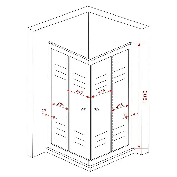Glasdeals Eckdusche JUNISO-Q (schwarz) 90 x 90 x 190 cm - 90 x 90 x 190 cm, Beschichtet, Chrom, Stärke: 8 mm - Eckduschkabine mit Glaspaneelen, Maße für Höhe und Paneelbreiten dargestellt. Zwei zentrale Türen.