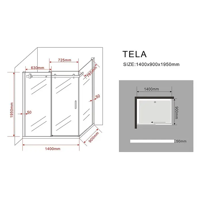 Glasdeals Eckdusche TELA 140 x 90 x 195 cm - 90 x 140 x 195 cm, Beschichtet, Chrom, Stärke: 8 mm - Diagramm einer TELA Duschkabine, zeigt Maße 1400x900x1950mm mit Schiebetüren.