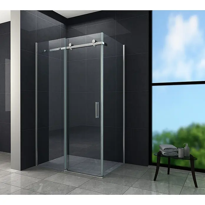 Glasdeals Eckdusche TELA 100 x 80 x 195 cm - 80 x 100 x 195 cm, Beschichtet, Chrom, Stärke: 8 mm - Moderne Eck-Schiebeduschkabine aus Glas mit Chromarmaturen in einem dunkel gefliesten Bad.