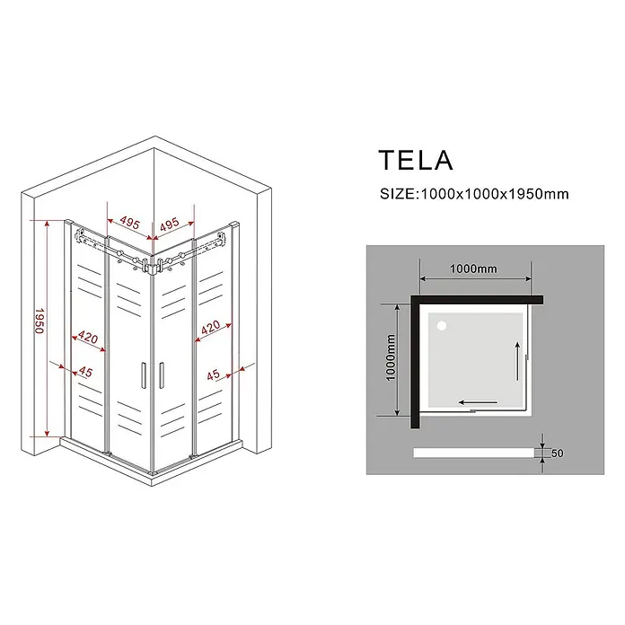 Glasdeals Eckdusche TELA 100 x 100 x 195 cm - 100 x 100 x 195 cm, Beschichtet, Chrom, Stärke: 8 mm - Eckduschkabine aus Klarglas mit Schiebetüren, Maße 1000x1000x1950mm.