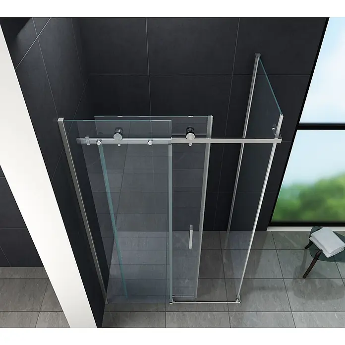 Glasdeals Eckdusche TELA 100 x 80 x 195 cm - 80 x 100 x 195 cm, Beschichtet, Chrom, Stärke: 8 mm - Moderne Glasduschkabine mit Schiebetüren und Chrombeschlägen, in einem zeitgemäßen Badezimmer mit dunklen Fliesen.