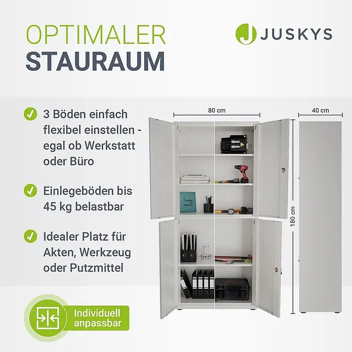 Juskys Aktenschrank Aktenschrank - B x T x H: 80 x 40 x 180 cm, Weiß - Weißer Metallschrank mit 3 verstellbaren Böden (je 45 kg belastbar). Maße: 80x180x40 cm. Ideal für Büro, Werkstatt, Putzmittel.