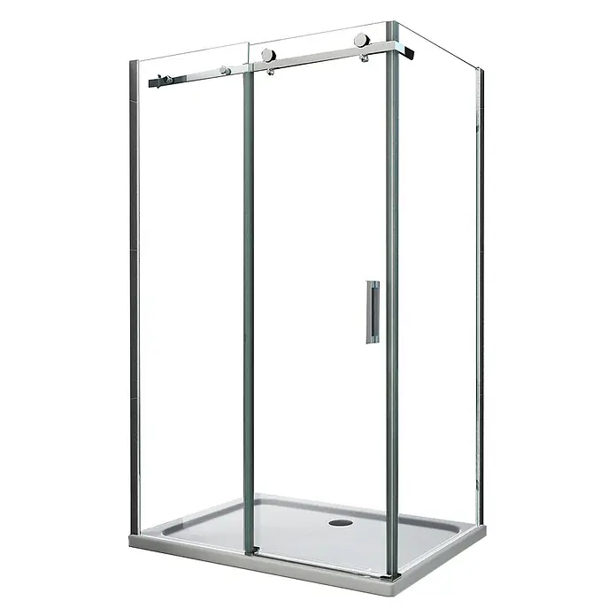 Glasdeals Eckdusche TELA 100 x 80 x 195 cm - 80 x 100 x 195 cm, Beschichtet, Chrom, Stärke: 8 mm - Glas-Duschkabine mit Chromrahmen, Schiebetür und weißer Duschwanne.