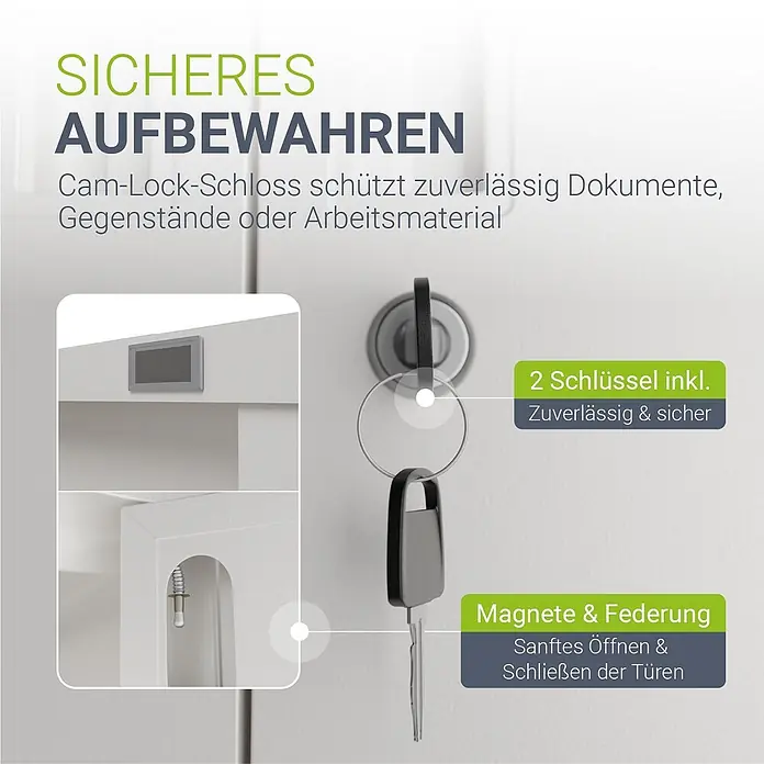 Juskys Aktenschrank Aktenschrank - B x T x H: 80 x 40 x 180 cm, Weiß - Weißer Aufbewahrungsschrank mit Cam-Lock-Schloss, zwei Schlüsseln und sanft schließenden Türen durch Magnete und Federung.