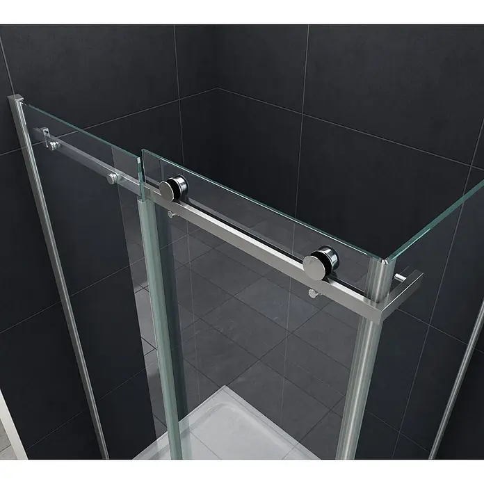 Glasdeals Eckdusche TELA 100 x 80 x 195 cm - 80 x 100 x 195 cm, Beschichtet, Chrom, Stärke: 8 mm - Moderne Glasduschkabine mit verchromtem Schiebetürmechanismus in einem dunkel gefliesten Bad.