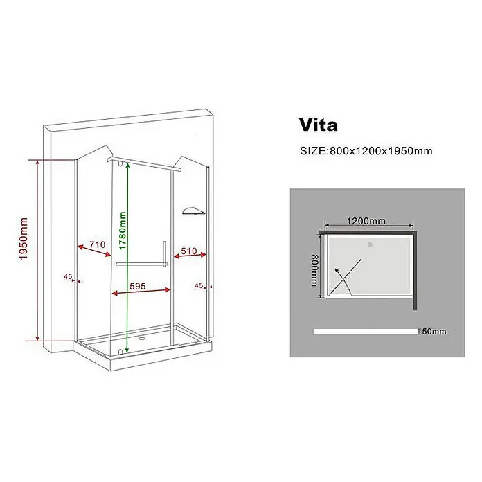 Glasdeals Eckdusche VITA 120 x 80 x 195 cm - 80 x 120 x 195 cm, Beschichtet, Chrom, Stärke: 8 mm - Technische Zeichnung einer Vita Duschkabine mit Gesamtmaßen (800x1200x1950mm) und Innenmaßen.