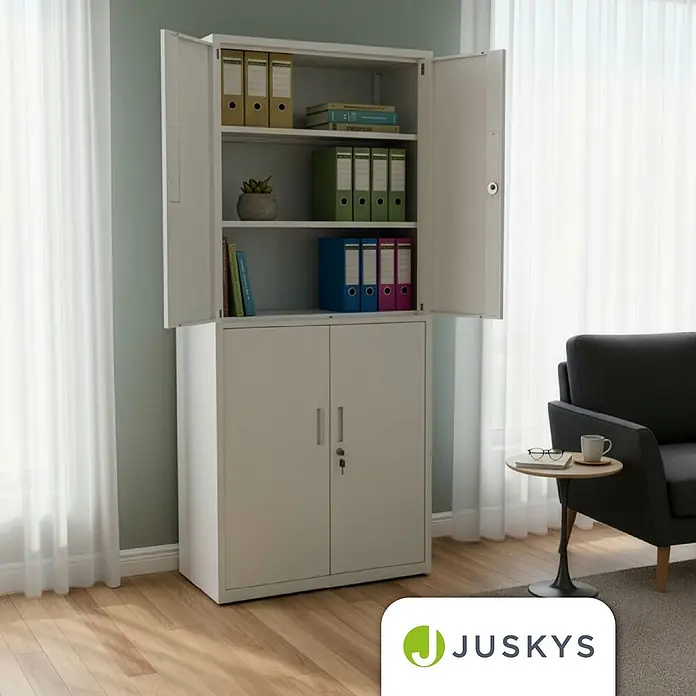 Juskys Aktenschrank Aktenschrank - B x T x H: 80 x 40 x 180 cm, Weiß - Weißer Metallschrank mit offenem oberen Regalteil und geschlossenem unteren Schrankteil mit Türen und Schloss.